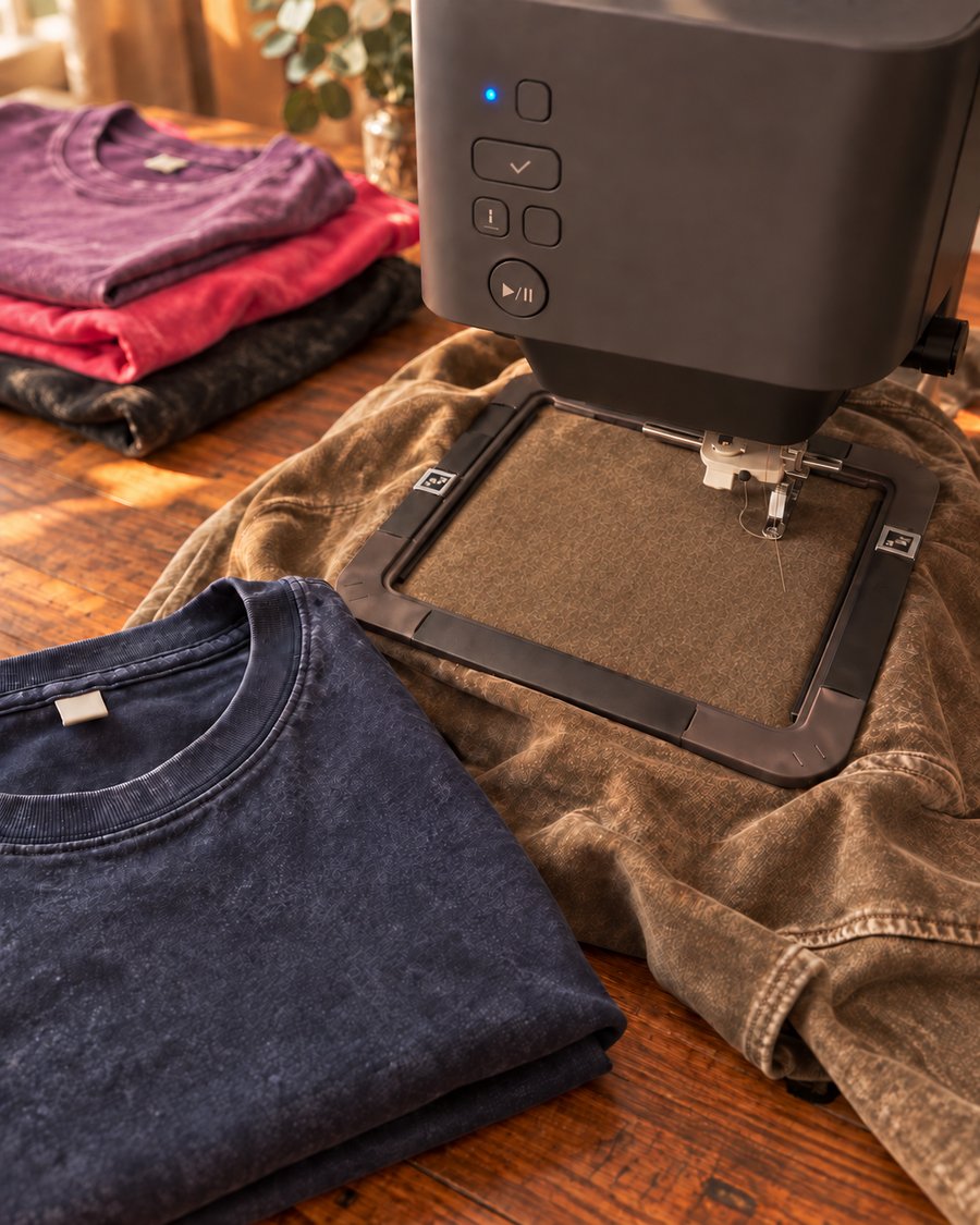 Machine à broder en train de broder un t-shirt, avec d'autres t-shirts pliés à côté